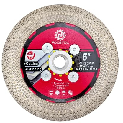 FOCSTOL Diamant Trennscheibe 125mm -Fliesentrennscheibe Schneiden und Schleifen mit M14 Flansch für Porzellan Keramik Fliesen Marmor Granit Kunststein mit X Mesh Felge