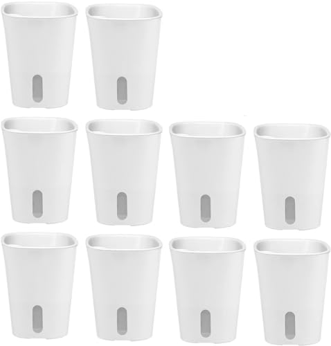 BBTISG 10 Piezas Macetas con Riego Automático Blanco 9,5cm Macetas de Autorriego para Plantas de Casa con Ventana de Nivel de Agua y Bandeja Oculta con Orificio de Drenaje para Hierba Orquídea