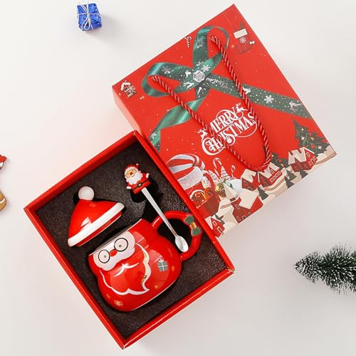 Tasse Weihnachten Kaffeebecher Keramik Weihnachtsbecher Kaffeetasse mit Deckel Löffel 480ml Schneemann Weihnachtsmann Kaffeebecher für Kaffee Tee Milch Weihnachten Geschenk (Weihnachtsmann)