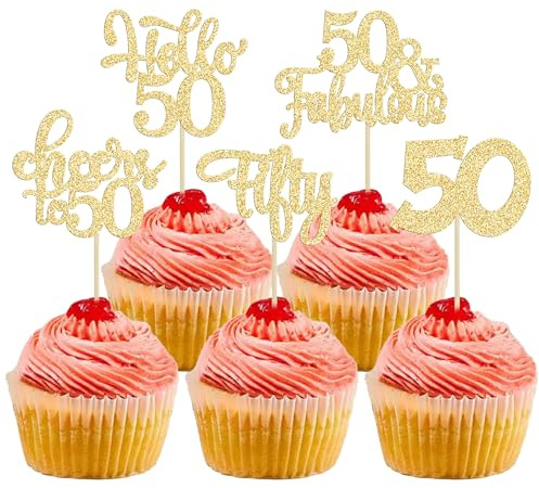 30Pcs Happy 50th Birthday Cupcake Toppers Gold Glitter Fifty Cheers to 50 Years Old Birthday Cupcake Picks for 50th Birthday Anniversary Party Cake Decorations Supplies