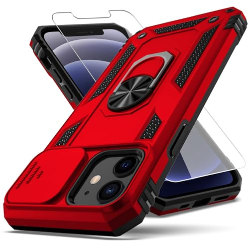 YZOK for iPhone 12 Case,with Camera Lens Cover HD Screen Protector,[Military Grade] Ring Car Mount Kickstand Hybrid Hard PC Soft TPU Shockproof Protective Case for iPhone 12, Red