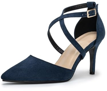 Hoefirm Womens Stiletto Pointed Toe Pumps Cross Strap Court Shoes High Heels Sexy Party Shoes Suede Navy Blue Size 5