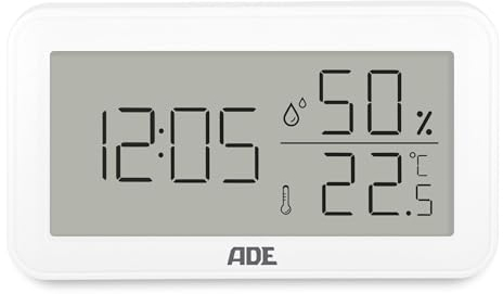 ADE Thermometer mit Luftfeuchtigkeitsmesser innen | digitale Badezimmeruhr mit Temperatur | Feuchtigkeitsmessgerät mit Uhrzeit | Hygrometer für Büro, Kinderzimmer, Schlafzimmer, Bad | Querformat weiß