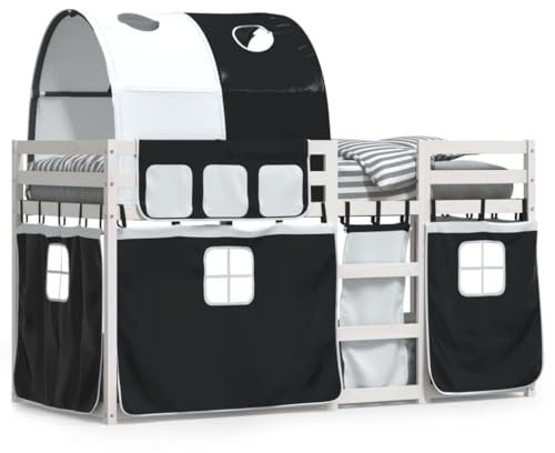 qohoio Etagenbett mit Vorhängen Weiß & Schwarz 90x190 cm Kinder Etagenbett Kinderbett Doppelbett Kinderhochbetten Bett Kiefernholz - 3284030
