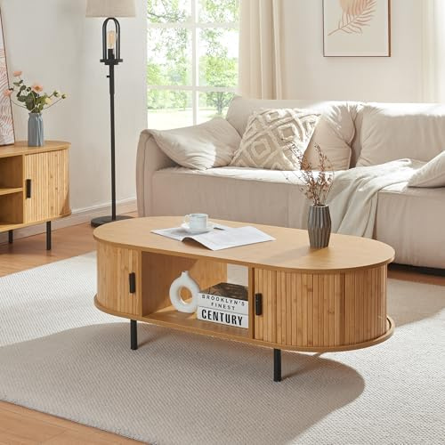 [en.casa] Table Basse Design Scandinave Table d'Appoint Bout de Canapé avec Portes Couilissantes Compartiments de Rangement MDF Bambou Métal 120 x 55 x 40 cm Naturel Noir