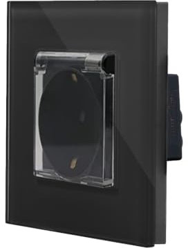 Luxus-Time Steckdose mit Abdeckung im Glasrahmen Alu für die DE Unterputzdose Einbau Schuko mit Deckel Spritzwassergeschütz IP44 in schwarz weiß LX-71Cover (Glas 1-fache Steckdose m. Deckel Schwarz)
