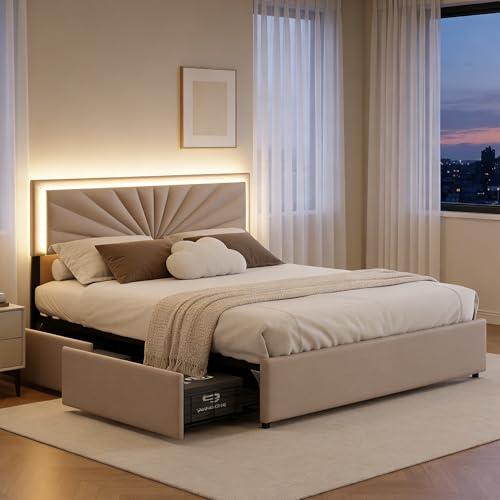 BRILVERDE Polsterbett 140x200 cm Doppelbett mit 4 Schubladen, Jugendbett mit LED-kopfteil, Bettgestell mit Lattenrost, Stauraumbett, Leinen (Beige, 140 x 200 cm)