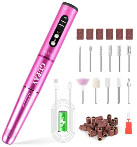 GUPAY Nagelfräser für Gelnägel Kabellos, Elektrische Nagelfeile Professionell Nail Drill, 12 in 1 Maniküre Pediküre Set für Acryl Gelnägel, Nagelhaut Shellac Acrylgel, Semipermanentes (Magenta)
