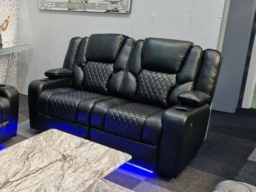 Orlando - Electric Recliners Sofa With Cupholders - 3+2 Seater Sofa Grey/LED Lights/Wireless Charging (Black, 2 Seater)
