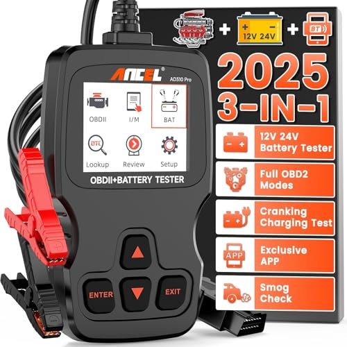 ANCEL AD310 Pro 3 in 1 OBD2 Diagnosegerät und Batterietester KFZ, Bluetooth Diagnosegerät Auto mit APP, 12V 24V 100-2000 CCA Batterie/Kurbeln/Laden Test, für Alle Auto Motor und Batterie