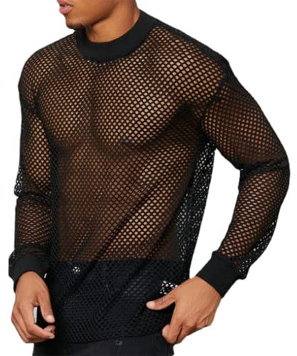 Camiseta de Malla Fishnet Hombre Transparente Camiseta Manga Larga de Rejilla Camisa Clubwear (Size:XXXXL,Color:Negro)