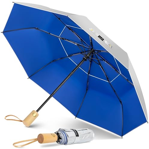 ZOMAKE Parasol Anti Uv,Paraguas Plegable AutomáTico De Sol con Ventilado Doble Cubierta,Paraguas Compacto Con Mango De Madera Para Hombre Mujer(Plateado Azul Marino)