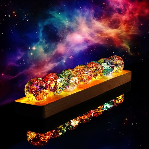 KRISININE 7pcs Colorful Healing Spheres for Meditation Crystal Cracked Balls with LED Wooden Stand Night Light Decoration Balls Set