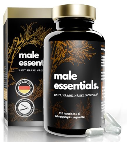 male essentials. | Haut Haare Nägel Komplex für den Mann | 120 Kapseln Haarvitamine, Biotin hochdosiert, Silicium aus Bambus Extrakt | 5000µg Biotin, Komplettversorgung Zink Selen | Haarvitamine