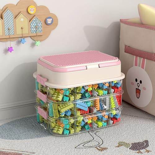 joyingbaby Toy Storage Organizer Box with Handle, Stackable Building Block Toy Box with Building Plate Lid & Removable Sorting Trays, Cubby Bins and Containers 3 Layer (Pink)