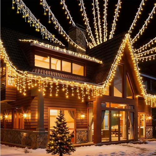 Kidsgigglz Eisregen Lichterkette Außen 15M, 600LED Lichtervorhang mit 8 Modi, IP44 Wasserdicht, Warmweiß Lichterketten für Innen Außen Weihnachten Hochzeit Party Halloween Schlafzimmer Hochzeit