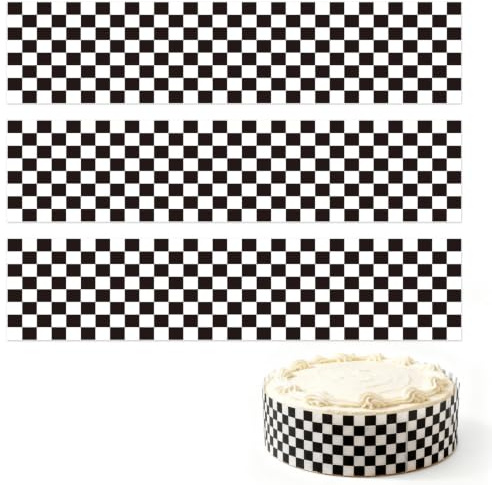 3pcs Bordures Gâteau Comestibles, 28x6,2cm Noir et Blanc à Carreaux Anniversaire Gâteau Bande Bordure Papier Riz Gâteaux Toppers Décorations pour Thème Voiture Course Fête d’Anniversaire