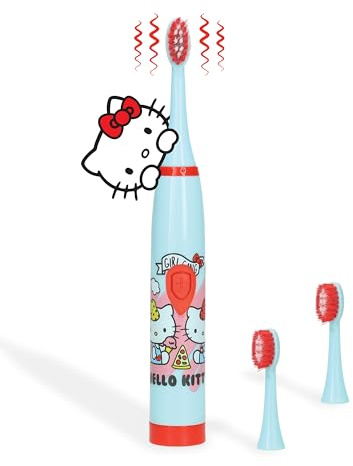 Hello Kitty Cepillo de dientes eléctrico para niños | Cerdas suaves | 3 cabezales | Resistente al agua IPX5 | Funciona con pilas AA | Diseño ligero para niños