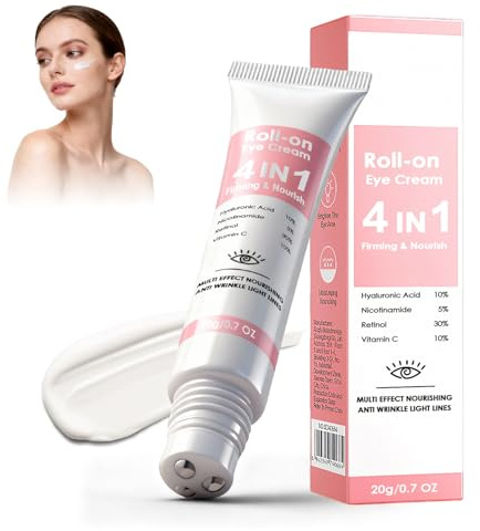 Eye Cream,Crema Contorno De Ojos Mujer 4 En 1 Con Rodillo,20 Ml,Antiarrugas Y Reafirmante,Hidratante Con Niacinamida, Retinol,Reduce Ojeras Y Bolsas,Cuidado Intensivo Para El áRea De Los Ojos