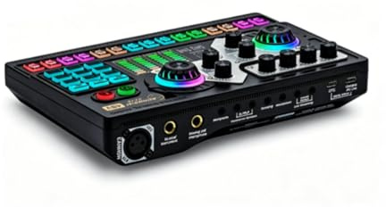 Hzoibyze Audio Mischpult Soundkarte Live Mixer Board Performance Audiokarte mit Beleuchteten Bedienelementen Und Levelanzeigen aus für Streams Proben
