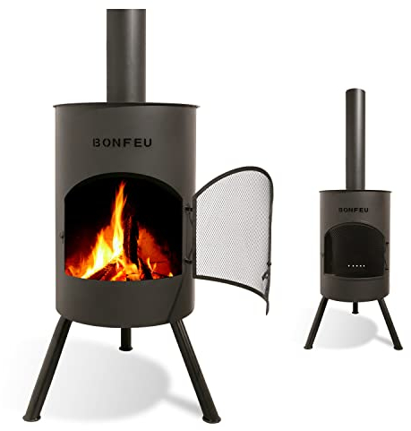 BonFeu BonTon 50 Schwarz - Terrassenofen - Feuerstelle mit Funkenschutz für entspannte Abende - Feuersäule Outdoor - Terrassenkamin mit Grillrost - Gartenofen aus Cortenstahl - 50x50x172cm