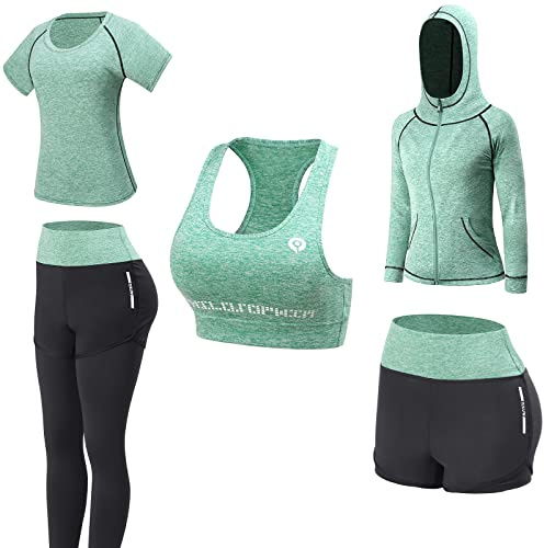 JULY'S SONG - Conjunto de yoga con 5 prendas, para correr, gimnasio, fitness, verde, M