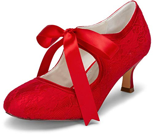 JIAJIA 14031 Hochzeitsschuhe Brautschuhe Spitze Damen Pumps Farbe Rot,Größe 39 EU (5.5 UK)