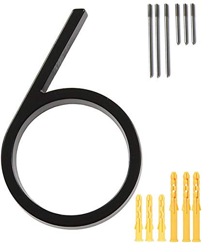 Numero civico galleggiante da 12,7 cm, numero civico moderno, in lega di zinco, con squisito processo di disegno, colore nero, numero 6