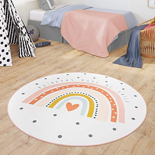 TT Home Teppich Kinderzimmer Kinderteppich Babymatte Regenbogen Motiv Mit Herz Design, Farbe:Creme, Größe:150 cm Rund