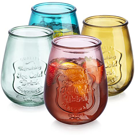 Glaver's Stemless Wine Glasses Set of 4 – 21oz Assorted Colored Wine Tumblers– Unique Embossed Logo, Vintage Cute Wine Glasses for, Beer, Juice, Cocktails, Fresh Drinks, Beverages, and more.