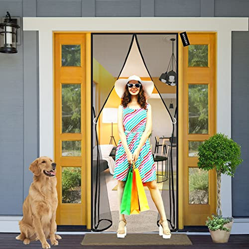 Magnetic Screen Door 200x230cm(79x91inch) Fly Screen for Double Doors-Magnetic Top to Bottom Seal Snaps Shuts Automatically-Keep Bugs Out & Let Fresh Air in - Black A