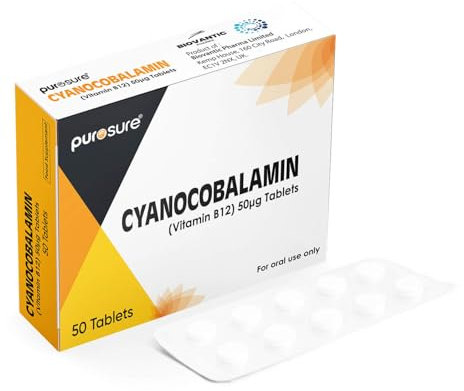 PuroSure Vitamin B12-50 Tablets (7 Weeks Supply) – Cyanocobalamin B12 50mcg Supplement - Contributes to The Reduction of Tiredness and Fatigue