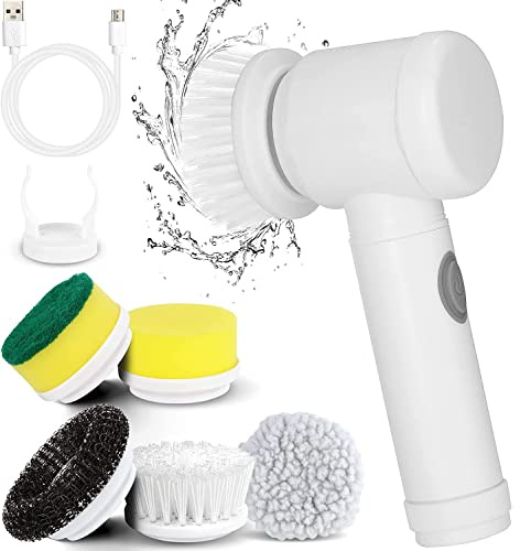 Electric Spin Scrubber, Waterproof Electric Cleaning Brush with 5 Replaceable Brush Heads, Rechargeable Scrub Brush Bathroom Shower Scrubber Cleaning Tool for Bathtub Sink Tile Grout Stove Cooker Dish
