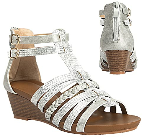 STMAHER Sandales spartiates pour femmes avec fermeture éclair et lanières - Sandale à talon compensé de style romain pour filles, 39.5 EU
