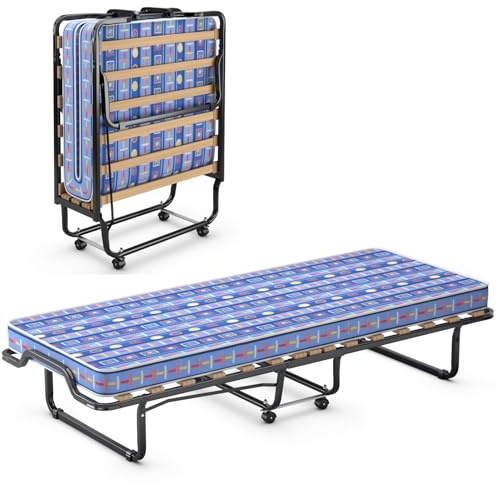 COSTWAY 80x200cm Gästebett Klappbar, Faltbares Faltbett mit Matratze aus Rückstellschaum, Klappbett mit stabilem Stahlrahmen, bis 120kg, Metallbett auf Rädern, für Gästezimmer Camping (Blau)