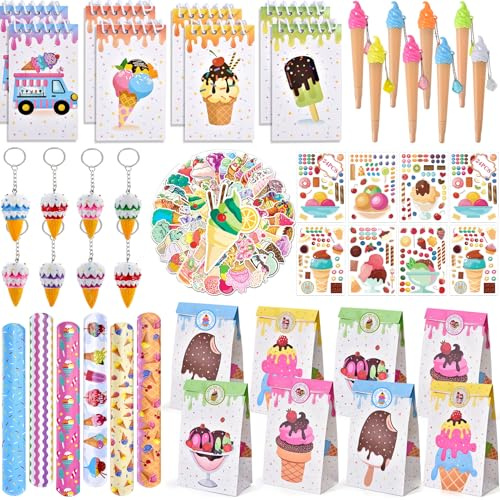 Tacobear 98Stk Eiscreme Mitgebsel Kindergeburtstag Mädchen mit Mini Notizbuch Stifte Schlüsselanhänger Schnapparmband Aufkleber Kinder Geschenktüten Eiscreme Party Give Aways Gastgeschenke
