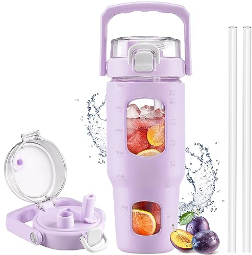 HYDRAGLAZIC 960ml Bouteille d'eau en Verre avec Paille et couvercle Gourde de Motivation avec Marqueur de Temps et Poignée Sans BPA Anti-fuite pour Auto Gym Extérieur, Violet