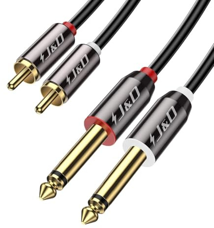 J&D RCA vers Jack 6,35mm Câble 7,6 M, Plaqué Or Coquille de Cuivre Heavy Duty 2 x 6,35mm (1/4 Pouce) Mâle TS à 2 RCA Mâle Connecteur Adaptateur Audio Stéréo Haut-Parleurs