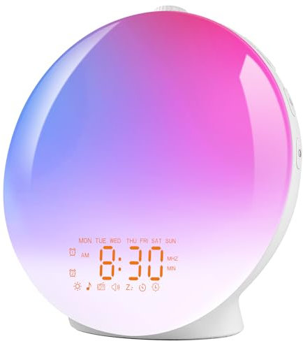 Honestself Wake Up Light Despertador Luz LED Despertador Simulación de Amanecer, 20 Niveles de Luminosidad Inteligente, 2 Alarmas, Función Snooze, Luz Nocturna Infantil con 15 Colores, Radio FM