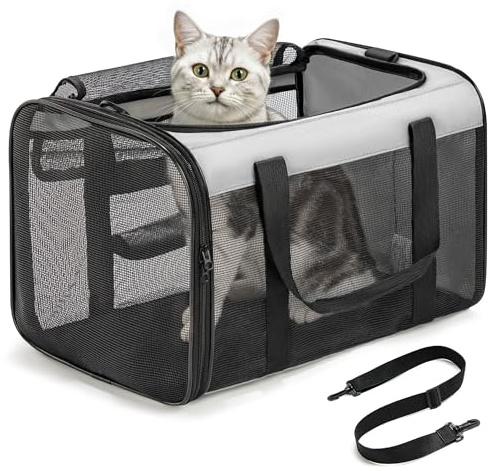 Conlun Trasportino Gatto Morbido con Rete su 4 Lati, Approvato per l'Uso in Aereo Trasportino per Gatti Ideale per Gattini Cuccioli di Piccola Media Fino a 6 Kg, Trasportino Cane Pieghevole-M, Grigio