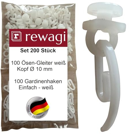 rewagi Set - 100 Ösen-Gleiter ZAT & 100 Gardinenhaken, Überklipshaken, Faltenhaken für Gardinenschien