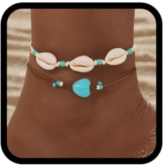 Vakkery Boho Muschel Fußkettchen verstellbares mehrlagiges türkisfarbenes Strand Fußkettchen für Damen