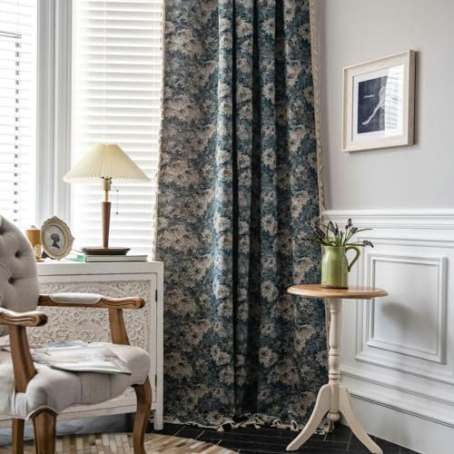 Bishilin Vorhänge Blau 2er Set 150x220CM, Vorhänge Halbtransparent Haken Landhausstil mit Blumen Motiv Gardinen Lichtdurchlässig Wohnzimmer Küche