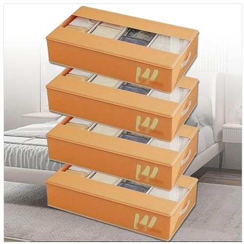 RYJYQYX Unterbettkommode Faltbar mit 5 Verstellbaren Trennwänden, Unterbettkommode mit transparenter Deckel, Unterbettbox für Schuhe,Kleidung,Stiefel,Spielzeug,Taschen,Orange-4Pcs