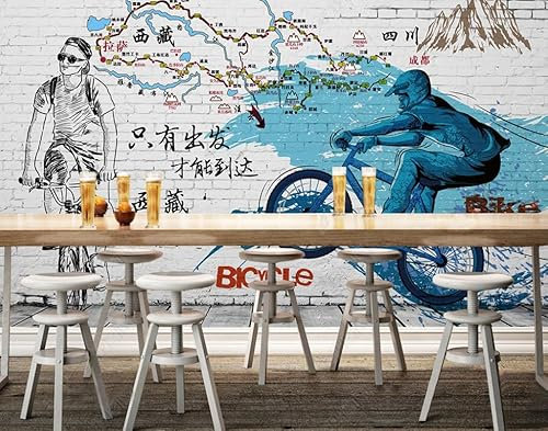 Papier Peint Panoramique Balade à vélo Tibet Tour Brick Wall Map Tableaux Muraux Tapisserie Photo Décoration Murale Salon Chambre 300CM(L)*210CM(H)