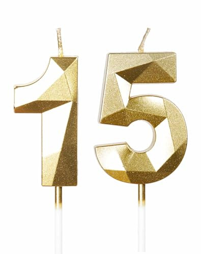 Gold Kerzen zum 15th Geburtstag, 3D Gold Zahl 15 Kerze für Kuchen, Junge Mädchen 15th Geburtstag Dekorationen, Gold Kuchendekorationen, Gold Kerze Kuchen für Geburtstagsfeier Hochzeitstag