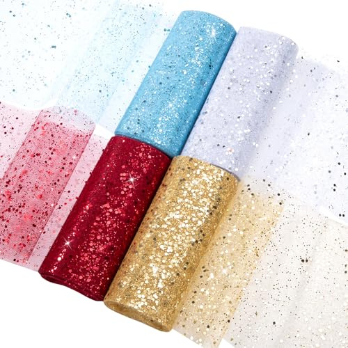 Tüll Stoff Pailletten Spule - Funkelnde Tüllband Mit Kleine Glitter Rollen für Hochzeit Bankett Party Dekor Geschenk Bastelbedarf Bogen DIY (Gold Rot Weiß Blau) 10yards 4 Stück