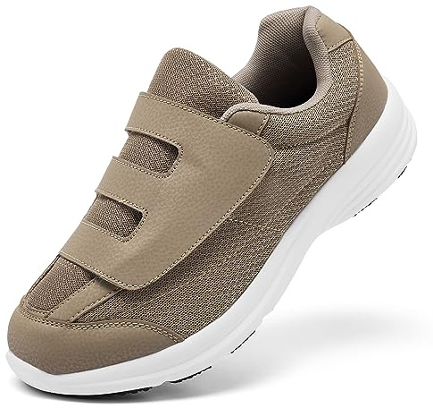 puruismate Zapatillas para diabéticos para hombre, zapatillas extraanchas con cierre ajustable para pies hinchados y edemas, zapatillas de senderismo ligeras y transpirables, caqui, 41 EU Ancho