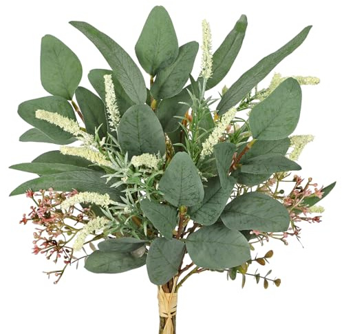 Arborus Künstlicher Eukalyptus Künstlicher Salbei 48 cm Künstlicher Blumenstrauß für Vase Grün Kunstzweige Seidenblumen wie Echt Kunstblume Deko Hochzeit Vase Deko im Wohnzimmer Schlafzimemr Büro