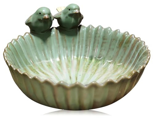 Vogeltränke Winterfest, Vogeltränke Keramik, Rund Vogeltränke Frostsicher, Vogelbad Vogelbecken, Vogeltränke Groß Mit 2 Deko-Vögel, Futterschale Vogelbecken Für Wildvögel (Grün)